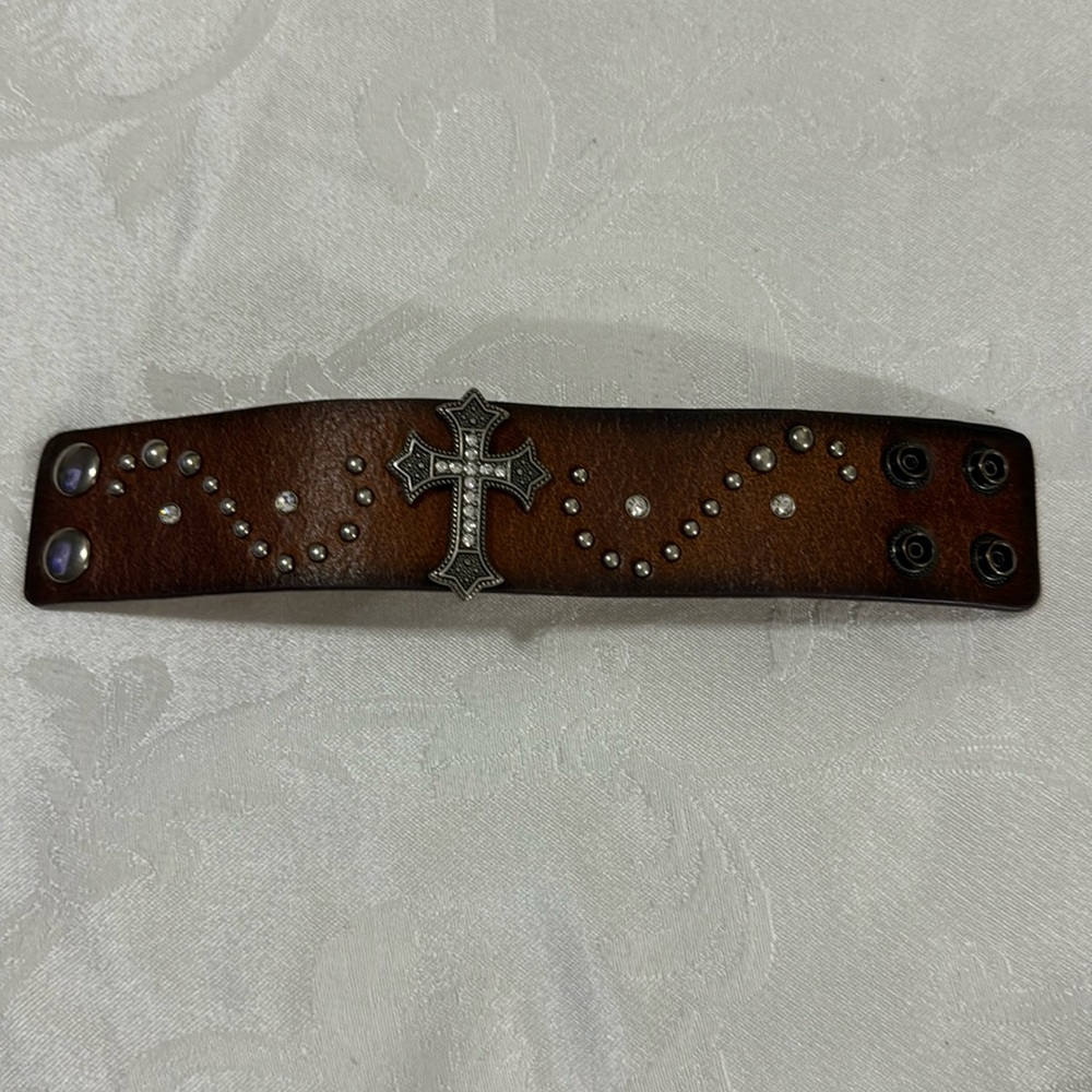 Unnamed unisex cross leather cuff bracelet. Size 7-8”